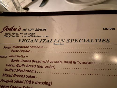 vegan menu  at John's of 12th Street in New York City