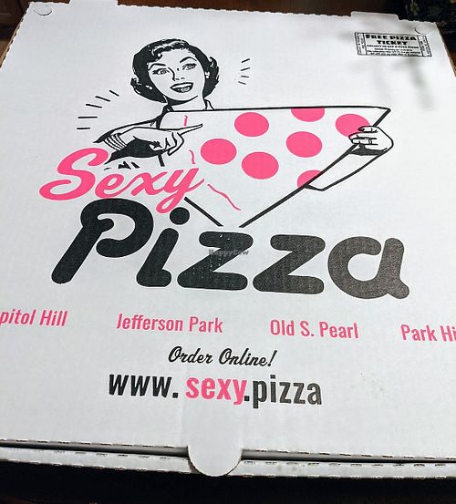 Sexy Pizza delivery box.
 at Sexy Pizza in Trinidad