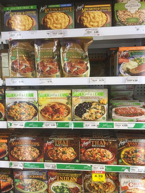 lots of Amy's frozen entrees at Strack and Van Til in Hobart