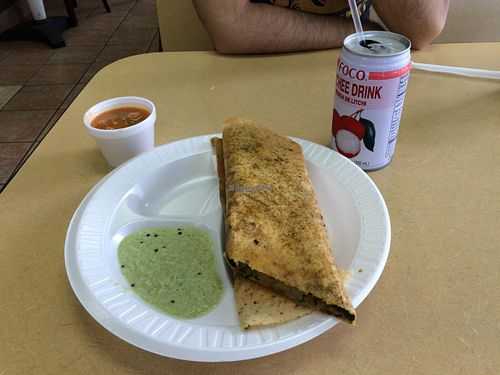 Spinach Masala Dosa with chutney and sambar  at Dosa Hutt in Flushing
