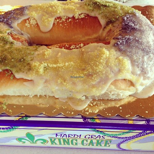 organic mardi gras king cakes! almond cream, cinnamon & vegan cream cheese filled options.  at Breads on Oak  in New Orleans