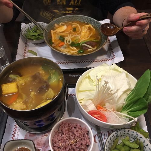 lemongrass and curry hot pot and Tom Yum noodle soup at DaHui Vegetarian Restaurant in Taipei