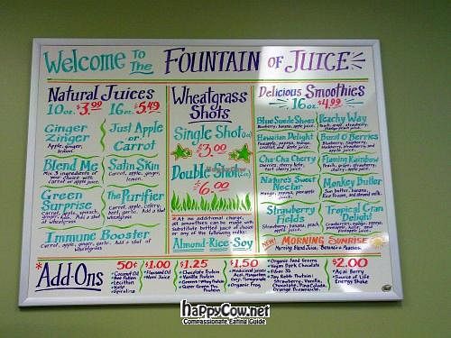 Juice Bar menu at Baums Natural Foods in St John