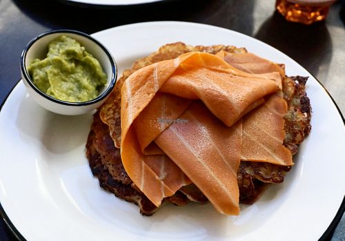 Pancakes w/salmon and avocado (weekend brunch) at Abricot Bar in Paris