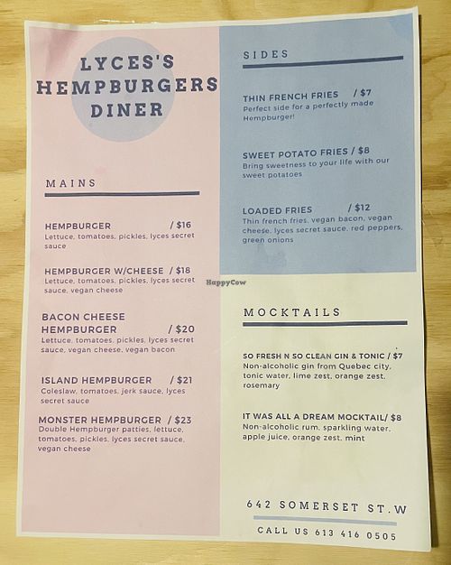 Lyces Hempburgers Diner Menu  at Lyces in Ottawa
