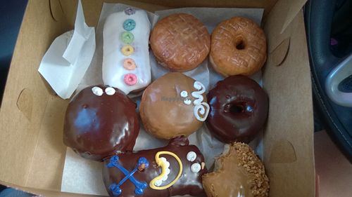 'all of the filled vegan donuts' 
Plus a glazed and a chocolate one at Voodoo Doughnut in Portland
