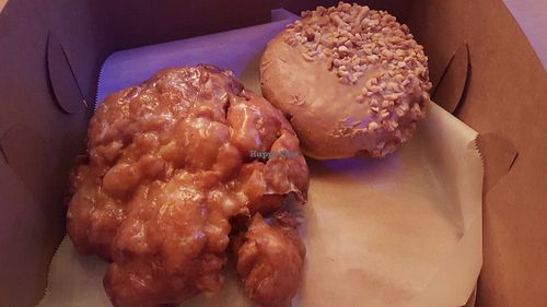 Vegan fritter & PB & J Donuts. at Voodoo Doughnut Too in Portland