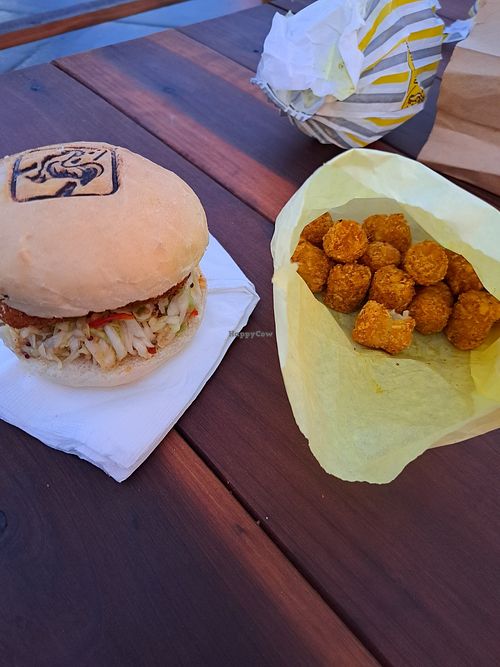 Vegan Chicken burger and tots at Chicken Crossing in Eugene