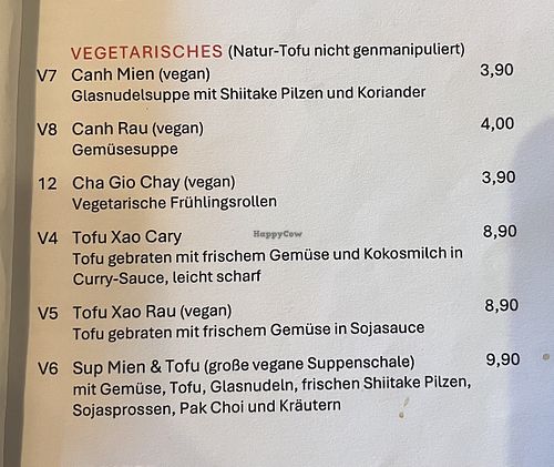 vegan menu as of september 2025  at Jasmin Asia Cuisine in Munich