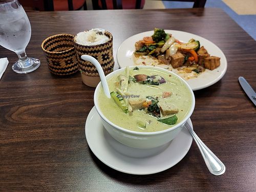 Tofu Green Curry with Sticky Rice and Tofu Pad Kee Mao (Drunken Noodle) at Bangkok Thai Food Express in Lebanon