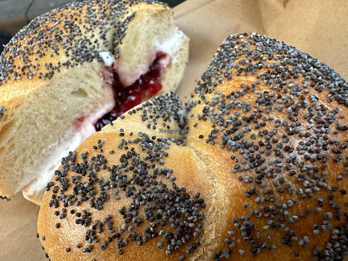 tofu jelly poppy seed bagel  at Zucker's Bagels & Smoked Fish in New York City