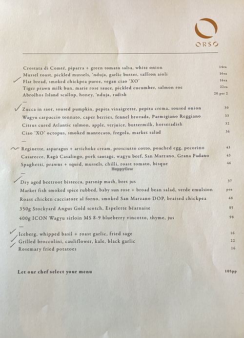 Menu with vegan items checked by the chef (tilda denotes a dish that can be made vegan).  at Orso in Rose Park