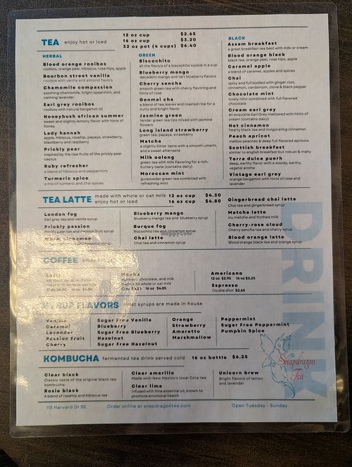 menu at Snapdragon Tea in Albuquerque