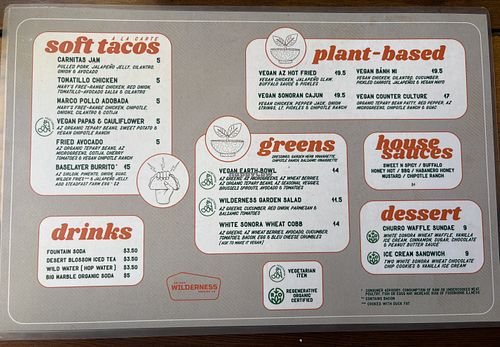 Menu with lots of vegan options  at Arizona Wilderness Gilbert Brewpub in Gilbert