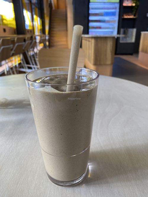 Revolution smoothie: Choc, banana, spinach, strawberries, cinnamon, hemp, soy mylk   at Copper Branch in Collingwood