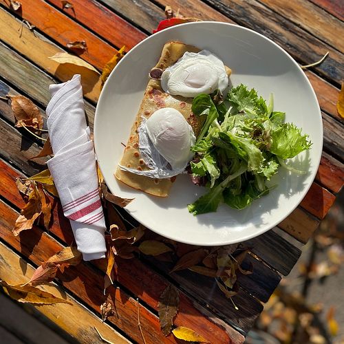 Buckwheat Crepe with Poached Eggs (gluten free)
Mushroom, Swiss chard, gruyere, local lettuces, lemon vinaigrette at Barbette in Minneapolis