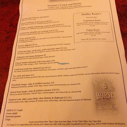 the menu at Norman's Coach and Horses in London