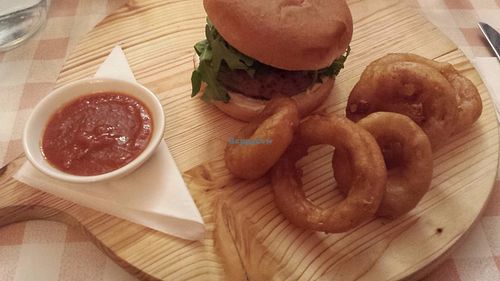 Burger and Onion Rings at Norman's Coach and Horses in London