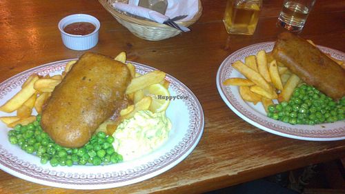 'Tofush and chips with peas and homemade tartare sauce' at Norman's Coach and Horses in London