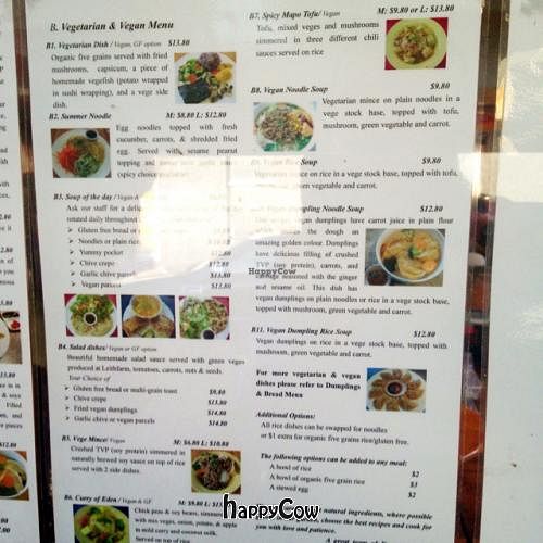 vegetarian menu at Formosa Delight in Dunedin