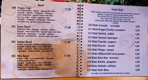 1st 9 pages (of 16) of menu at Umi Vegan at Umi Vegan in Berlin