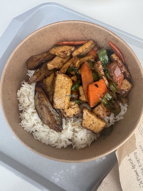 Tofu and Eggplant Stir Fry made with Vegan Sauce and steamed rice   at Thai Express in Mississauga