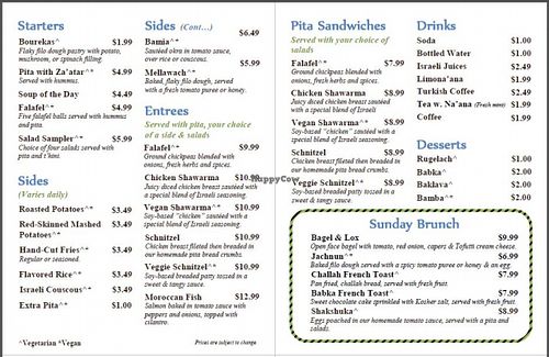 Menu at Sababa in Gainesville