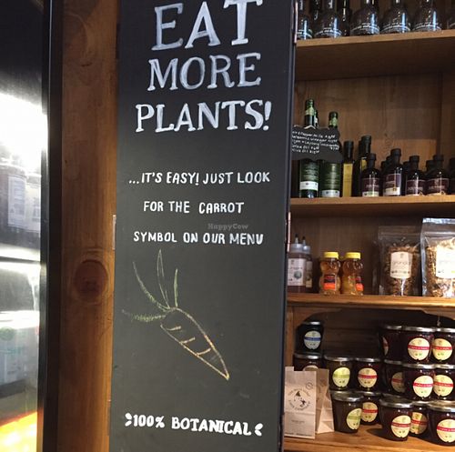 many encouraging plant based signs  at Le Pain Quotidien - 7th Ave in New York City