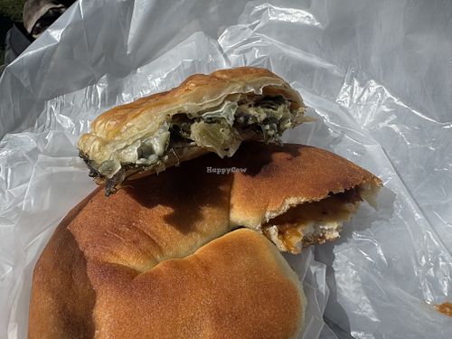 The spinach pie and onion börek on the inside   at Dana Bakeri in Oslo