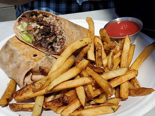 Burrito with french fries at Cafe Gratitude in Venice