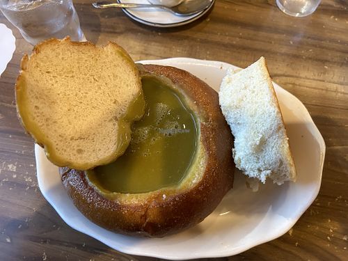 Pea soup in a sourdough bread bowl (without any of the toppings that come with it)   at Pea Soup Andersen's  in Santa Nella
