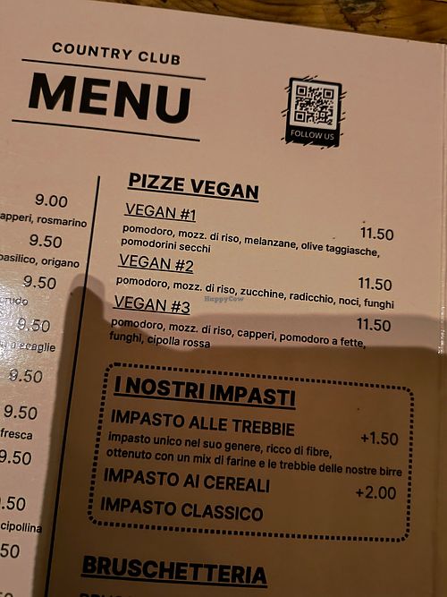 Menù pizze vegan at Birracrua in Vicenza