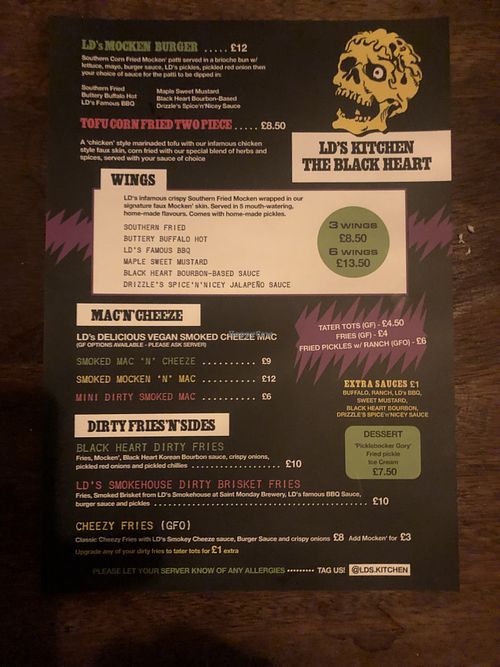The menu  at LD's Kitchen - The Black Heart in North West London