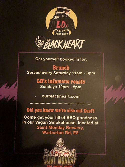 The menu front  at LD's Kitchen - The Black Heart in North West London