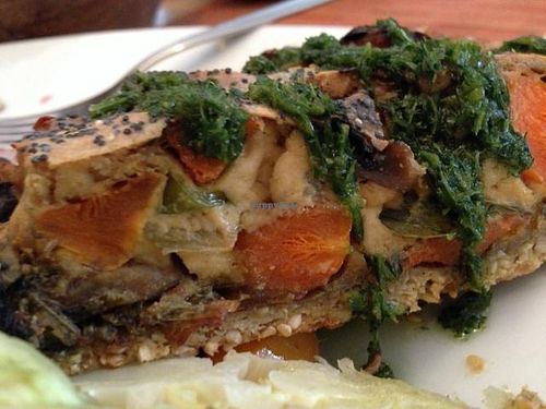 Vegetable pie with carrot, sweet potatoes, tofu, and a pesto sauce  at Avalon in Ghent