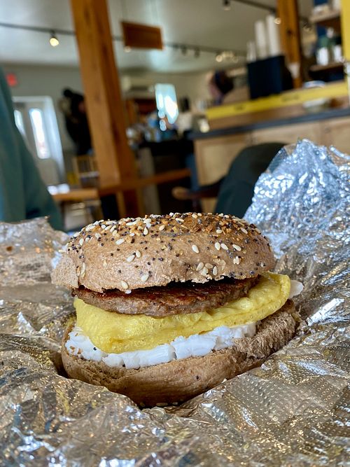 vegan sausage, just egg, vegan cream cheese bagel sandwich   at Wally's Place Bagel & Deli in South Hero