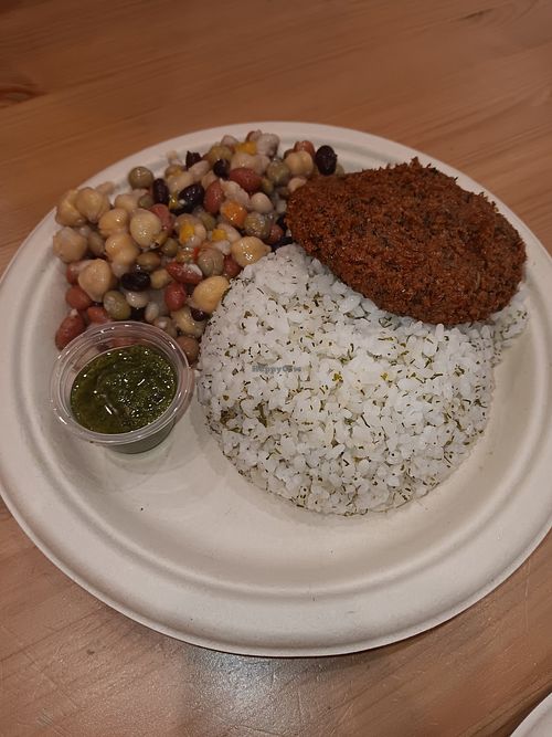 Plato que ordenó 👩‍👦mami: Falafel, Arroz verde (con cilantro), Ensalada de granos y salsa chimichurri at OMRKT - Caguas in Caguas