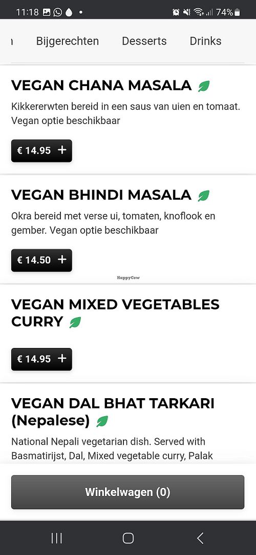 Vegan menu at Darjeeling in Krommenie