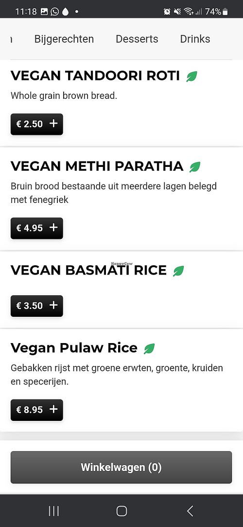 Vegan menu at Darjeeling in Krommenie