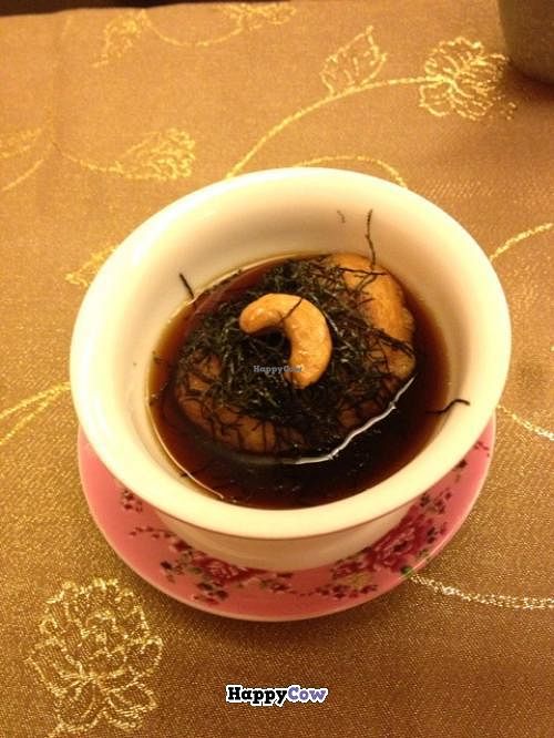 Yang Xin Kaiseki Dumpling made from pureed Sweet Potato, served with cashew and seaweed - incredible flavours at Vegetarian Kaiseki Cuisine in Hualien