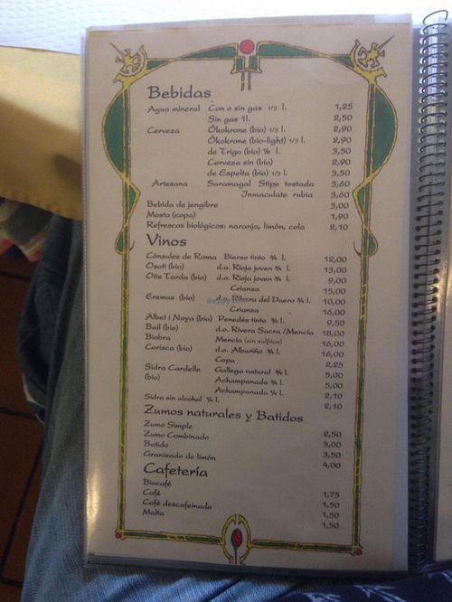 Menu (Spanish) at Galgala Vegetariano in Vigo