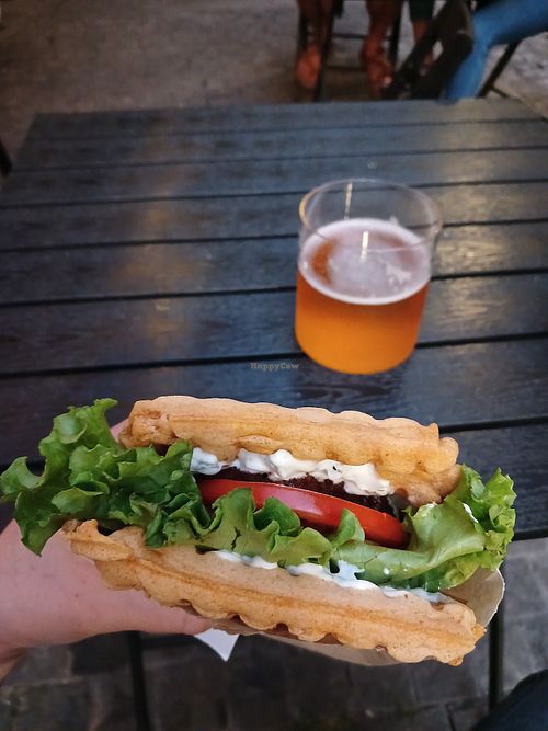 Waffle burger with seitan patty at Secret Place in Tbilisi