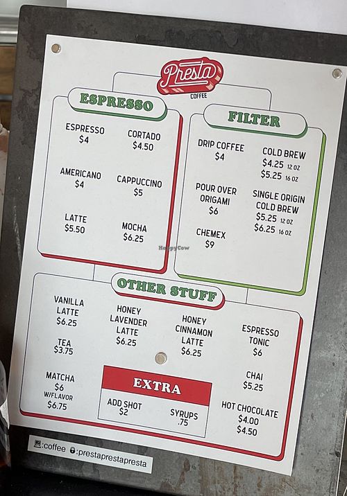 Menu  at Presta Coffee Roasters in Tucson