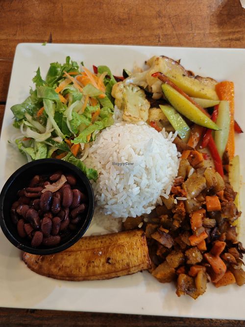Plato vegetariano at Soda Mima in Nov 2025. Cheap basic but fine. Filled me up. Ask for picante chilera if bland (chilli vinegar pot like Tabasco, take a spoon) at Soda Mima in La Fortuna