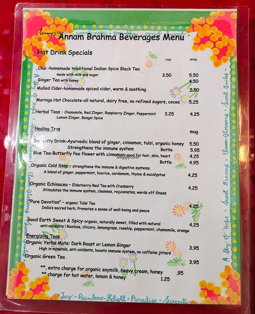 Menu page at Annam Brahma at Annam Brahma in Jamaica