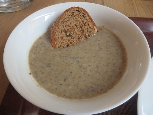 mushroom soup with homemade bread at Vollwert-S in Giessen