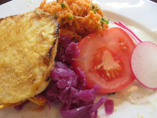 lunch buffet: celery schnitzel, carrot salad, red cabbage, tomatoes, and radish at Vollwert-S in Giessen