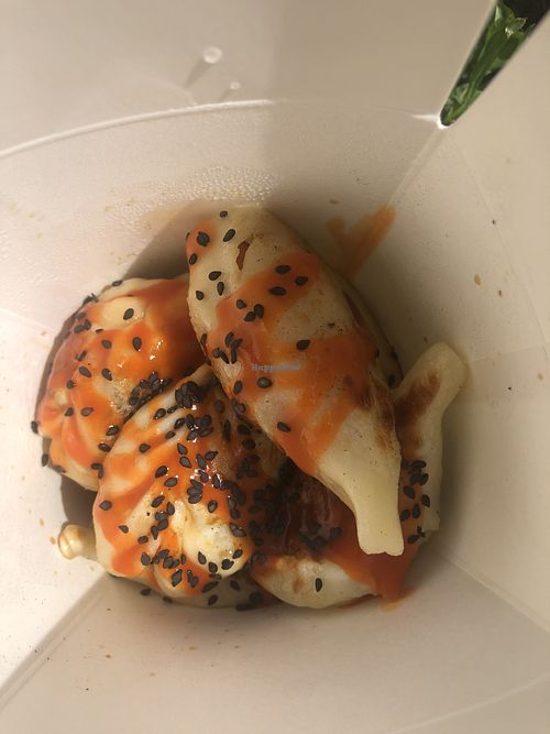 Vegan dumplings with hot sauce  at Baozi Dumplings in Milan