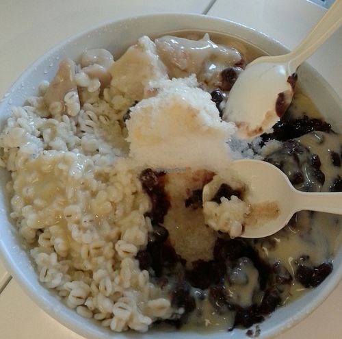shaved ice, barley, red bean, taro, smothered in homemade condensed milk at Happiness Cafe in San Jose