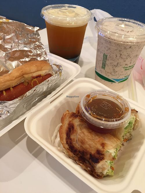 avocado roll, hot dog, and drinks at Happiness Cafe in San Jose